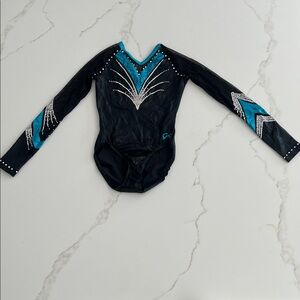 GK Elite Long Sleeve Black and Blue Crystals Competition Leotard size AS